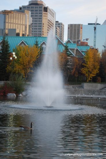 Prince's Island Park lagoon fountain - Calgary Parks with Great Fall Leaves