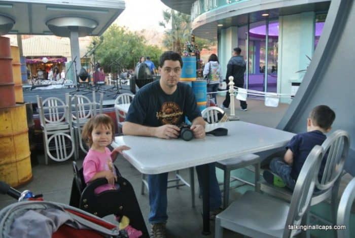 Waiting for dinner at Flo's Cafe in Disneyland. 