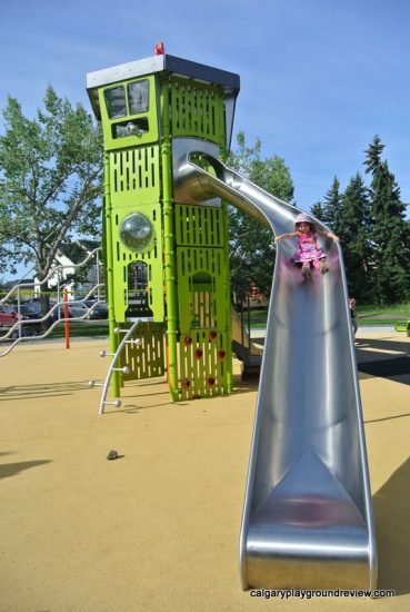 Large silver slide and playground control tower - Currie Barracks Airport Playground