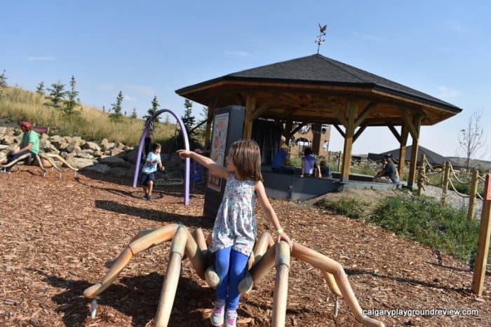 kid sitting on a giant spider prop