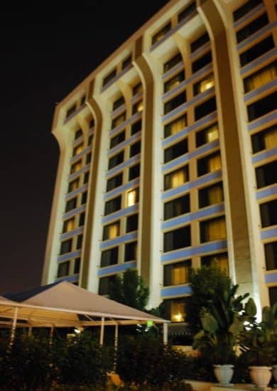 Paradise Pier Hotel at night