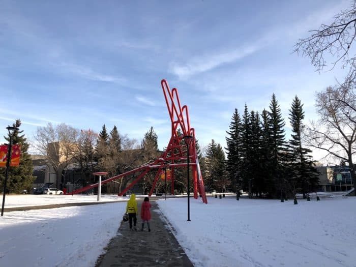 Large red artwork outside of the Olympic Oval