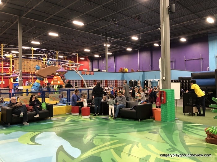 seating, cubbies and lockers at the entrance to the leisure lagoon